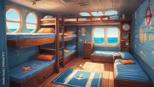 Cozy Crew Quarters with Bunk Beds, Ocean View, & Nautical Decor in Cartoon Style