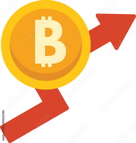 Golden bitcoin with a red arrow pointing up represents the cryptocurrency's rising market value