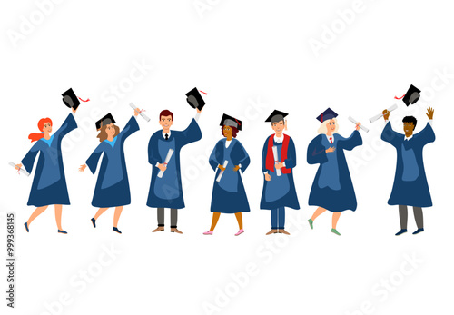 Student graduation set illustration. Adult education, male and female graduates concept. happy students at different nations.