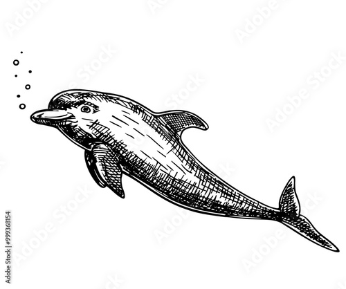 Hand drawn dolphin. Jumping dolphin isolated on white background. A bottlenose dolphin. illustration in sketch style