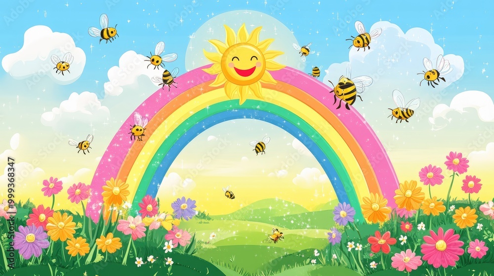Cheerful Sun Smiling Over Rainbow With Bees Flying Around Cheerful Sun Smiling Over Rainbow With Bees Flying Around