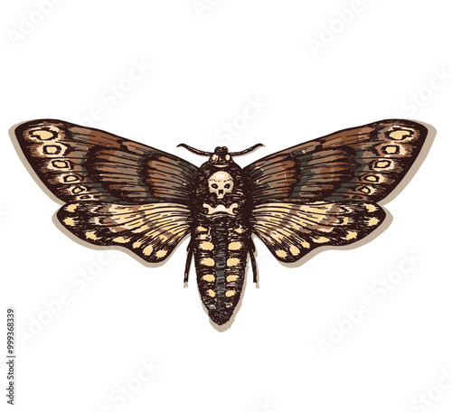 Butterfly Dead Head. Death's head hawk moth. Hand drawn ink illustration in trendy engraved style. Moth design tattoo sketch. Vintage drawing for t-shirt print, poster, coloring book. Tattoo