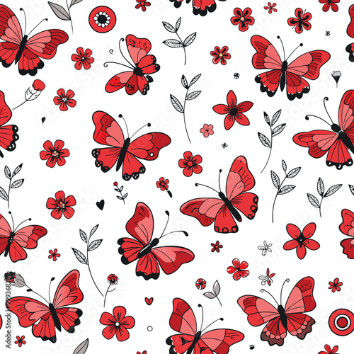 This seamless design showcases whimsical red butterflies alongside charming flowers creating a joyful and lively aesthetic perfect for various crafts