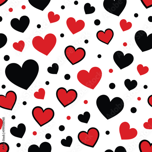 This vibrant pattern showcases an assortment of red and black hearts scattered across a clean white background ideal for creative uses