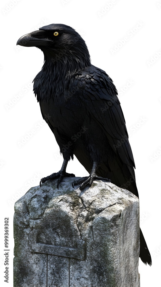 Fototapeta premium Gothic Raven Perched on Cracked Gravestone with Ominous Presence