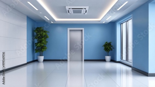 Modern Office Interior with Blue Walls and Minimalist Design Featuring Potted Plants and a Sleek Closed Door under Recessed Lighting