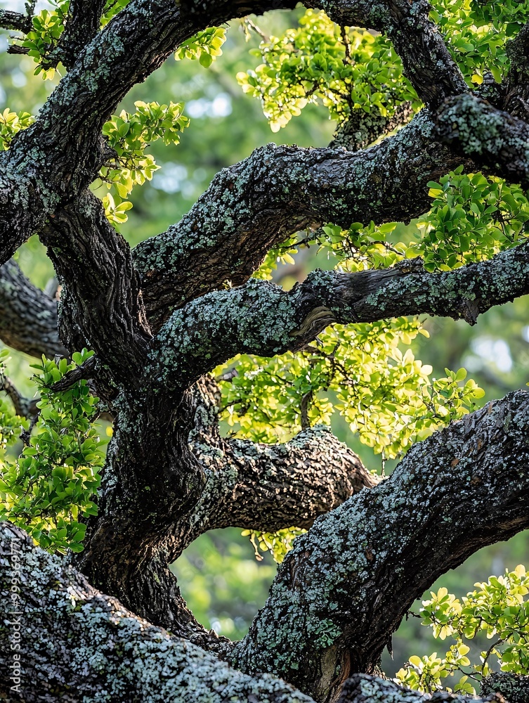 Twisted branches and rugged bark of towering trees form a captivating organic masterpiece adorned with lush foliage. Twisted branches and rugged bark of towering trees form a captivating organic masterpiece adorned with lush foliage.