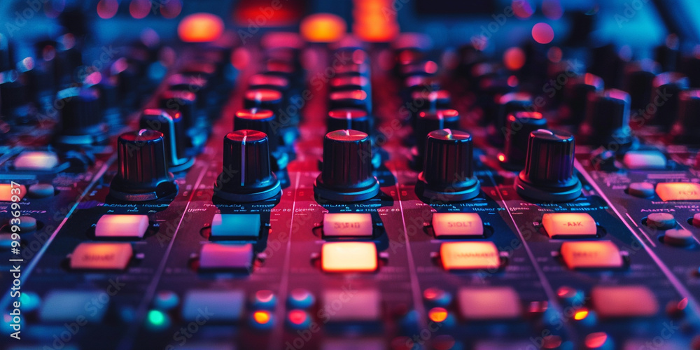 Fototapeta premium Closeup shot of an audio mixer High quality with blue background