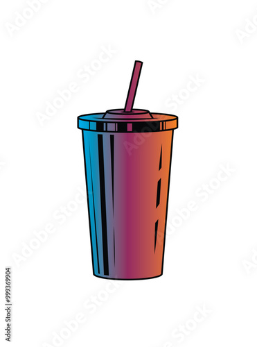 Fast food plastic cup with straw. Hot or cold drink. Original vector illustration in vintage style.