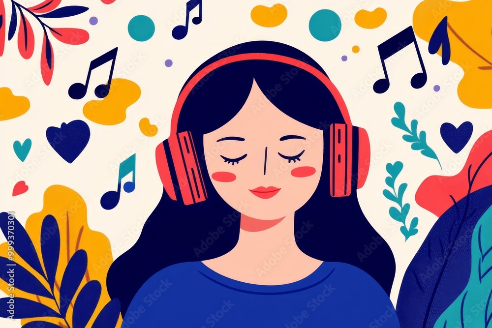 Vibrant Illustration of a Peaceful Woman Enjoying Music with Headphones Surrounded by Colorful Musical Notes and Nature Elements Vibrant Illustration of a Peaceful Woman Enjoying Music with Headphones Surrounded by Colorful Musical Notes and Nature Elements