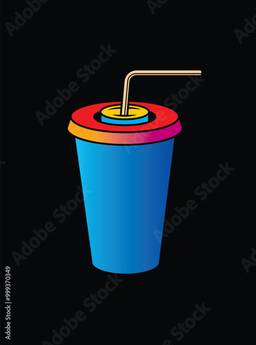 Fast food plastic cup with straw. Hot or cold drink. Original vector illustration in vintage style.