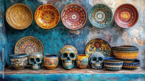A vibrant display of decorative pottery and skulls on a colorful background.