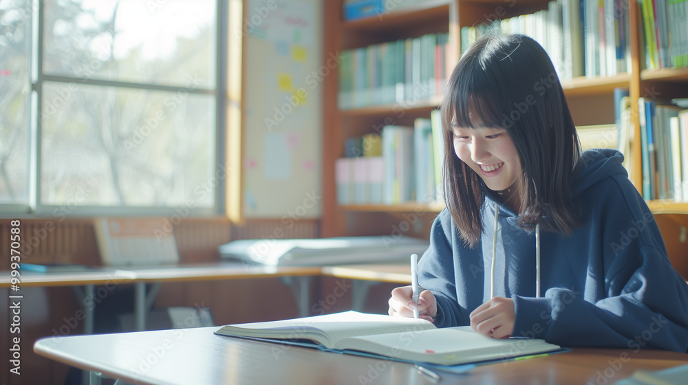 図書館で学習する女子学生 図書館で学習する女子学生
