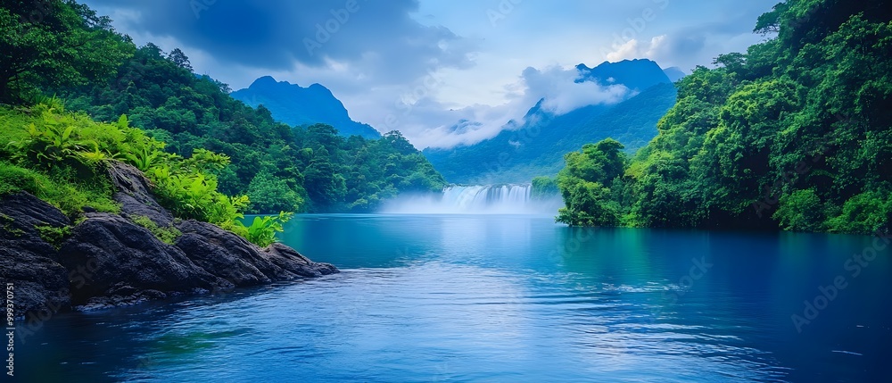 Serene landscape featuring a tranquil lake surrounded by lush greenery and mountains under a cloudy sky. Serene landscape featuring a tranquil lake surrounded by lush greenery and mountains under a cloudy sky.