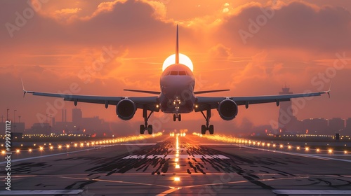 Plane taking off at sunrise.