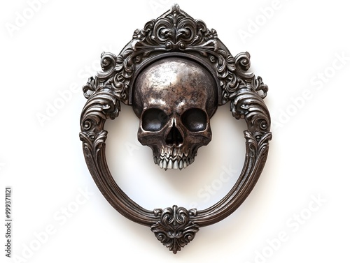 Haunting Gothic Door Knocker with Skull Design on Isolated White Background