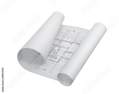 A sheet of white paper with a plan with rolled edges on a white background. Vector illustration