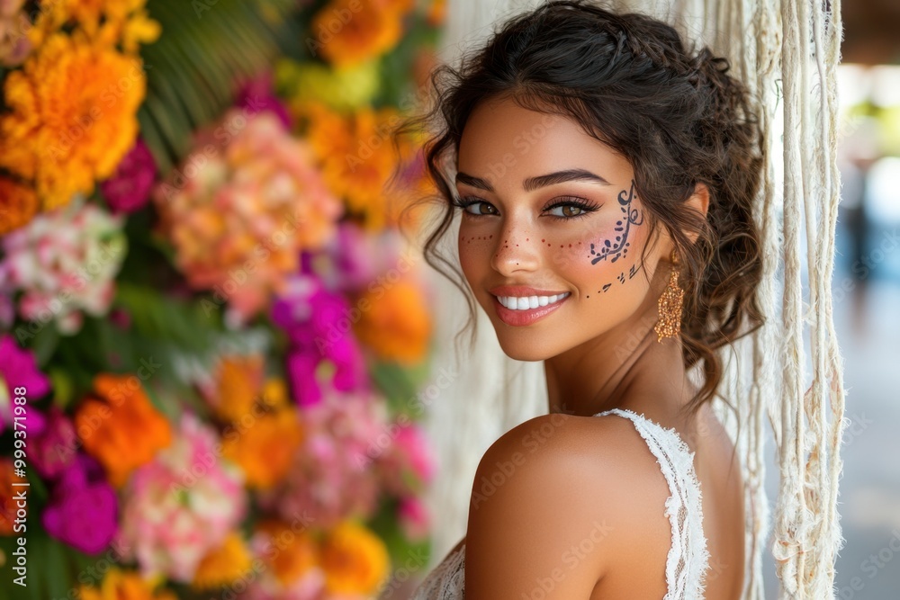 A woman with decorative face art smiles against a vibrant floral backdrop. A woman with decorative face art smiles against a vibrant floral backdrop.