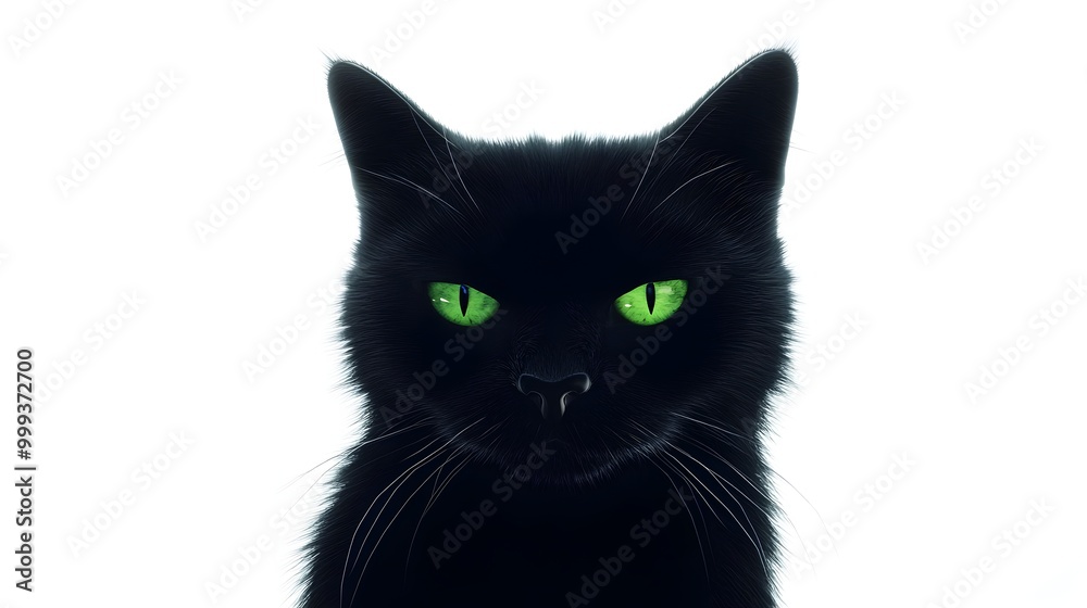Fototapeta premium Intense Glowing Green Eyed Black Cat with Raised Hackles in Moody Chiaroscuro Lighting on White Background