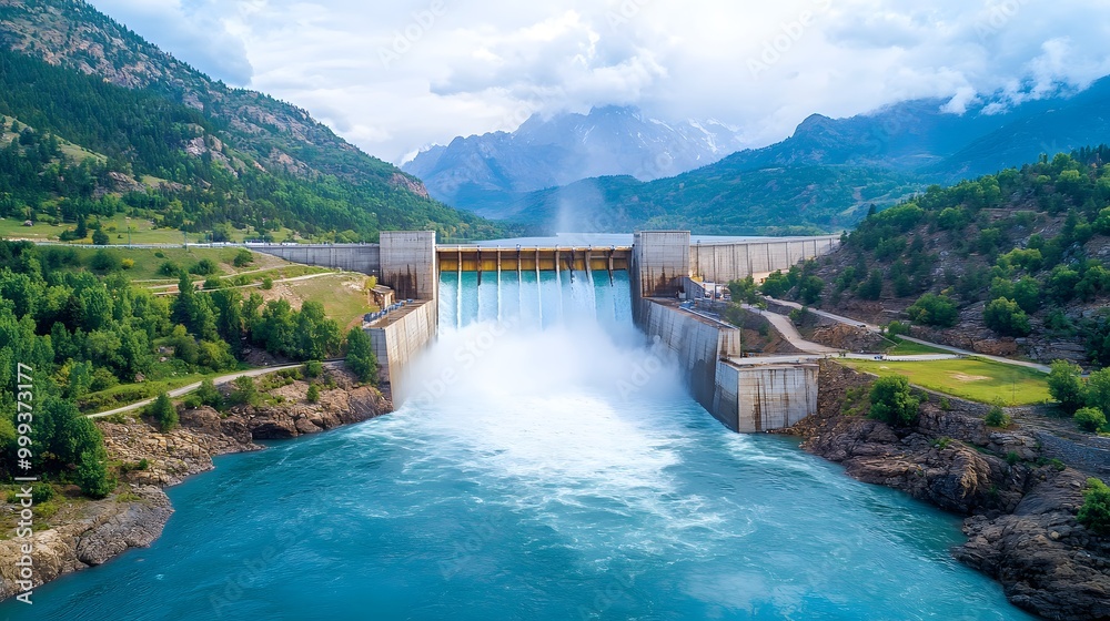 A stunning aerial view of a dam in a mountainous landscape, showcasing flowing water and lush greenery surrounding the structure. A stunning aerial view of a dam in a mountainous landscape, showcasing flowing water and lush greenery surrounding the structure.