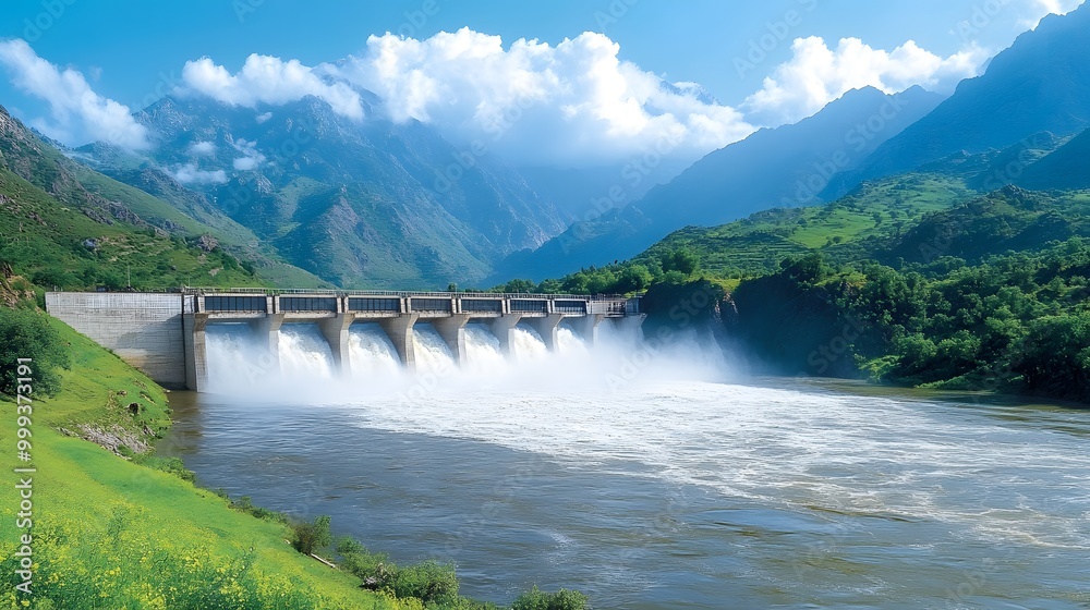 A stunning landscape featuring a dam surrounded by lush mountains and a vibrant blue sky, showcasing nature's beauty and engineering. A stunning landscape featuring a dam surrounded by lush mountains and a vibrant blue sky, showcasing nature's beauty and engineering.