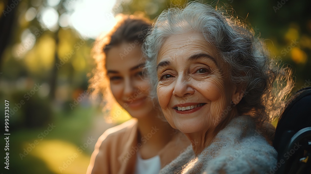 Happy nurse caring for elderly woman in a wheelchair. Young female pushing senior retirement nursing home patient in a wheelchair outdoors in a garden Happy nurse caring for elderly woman in a wheelchair. Young female pushing senior retirement nursing home patient in a wheelchair outdoors in a garden