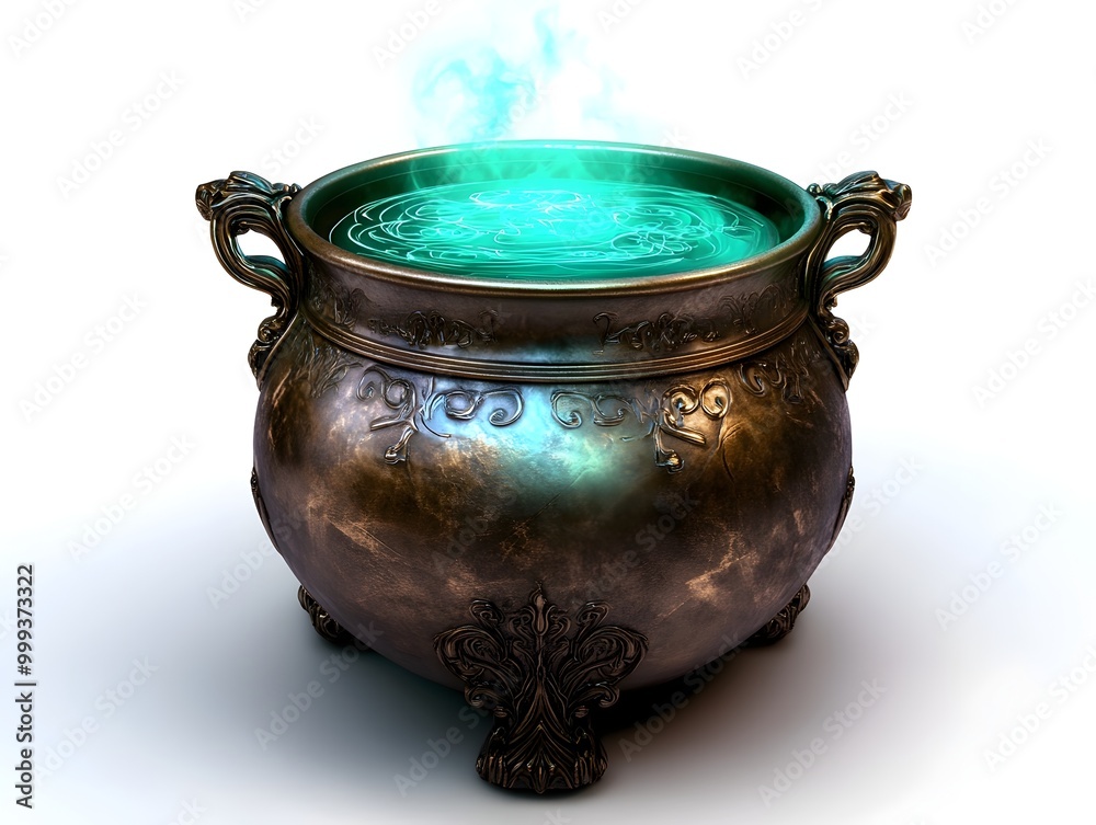 Magical Emerald Hued Potion Bubbling in Ornate Antique Brass Cauldron Against Pristine White Background Magical Emerald Hued Potion Bubbling in Ornate Antique Brass Cauldron Against Pristine White Background