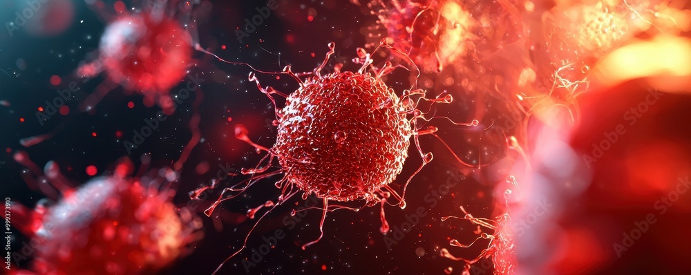 Close-up view of virus particles on a colorful background, highlighting microbial details. Close-up view of virus particles on a colorful background, highlighting microbial details.