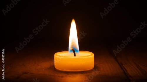 Single candle flame glowing brightly in the dark, isolated against a black background