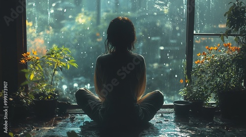 Woman Silhouetted Against Rainy Window, Contemplating Inner Peace