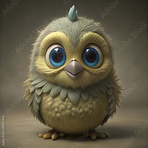 Cute cartoonish baby owl with large blue eyes and fluffy feathers in a warm environment