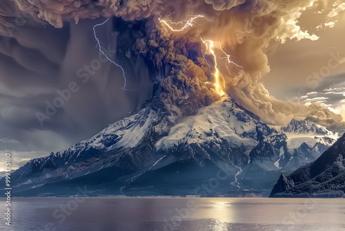 Lightning strikes through eruption's ash cloud, spectacular image photo