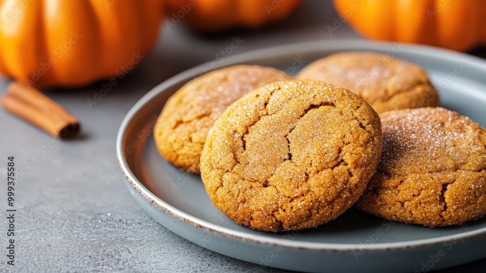 Freshly baked pumpkin cookies on a plate with cinnamon and pumpkins in the background Freshly baked pumpkin cookies on a plate with cinnamon and pumpkins in the background