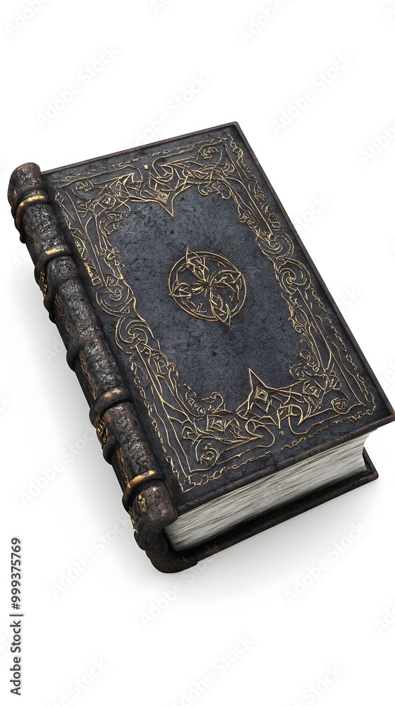 Fototapeta premium Mystical Witch s Spellbook Weathered Leather Cover with Ornate Metallic Accents