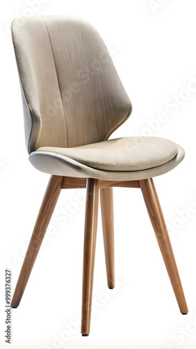 A modern chair with an elegant, shell-like backrest design. It features wooden legs and a cushioned seat, creating a comfortable and contemporary look. Generated by AI.