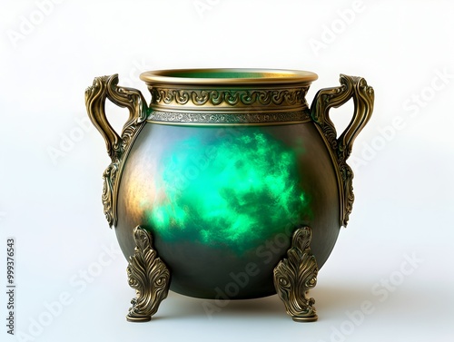 Ornate Brass Witch s Cauldron with Glowing Emerald Potion on Pristine White Backdrop