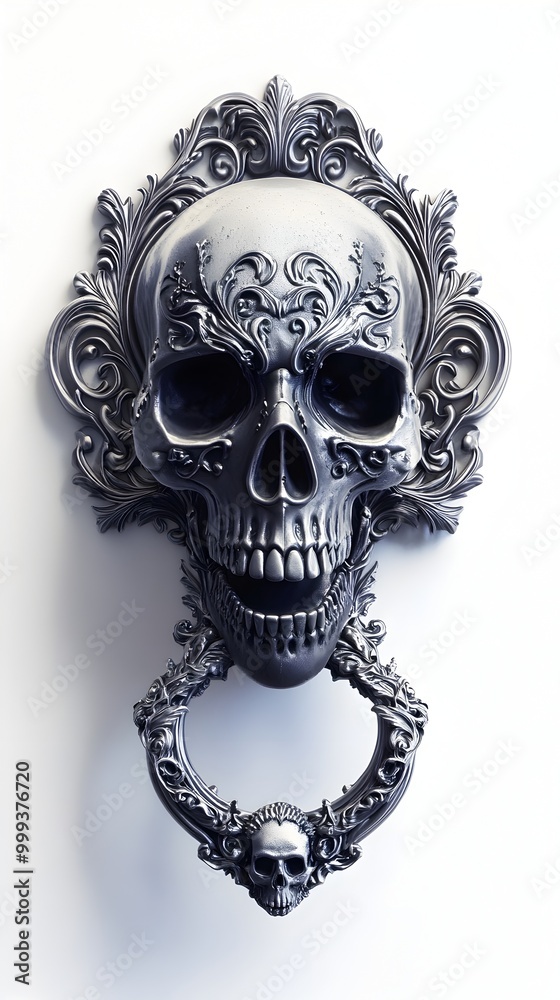Ornate Skull Shaped Door Knocker with Intricate Metallic Filigree Design for a Haunted House Ornate Skull Shaped Door Knocker with Intricate Metallic Filigree Design for a Haunted House