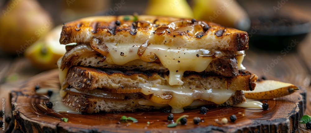 Grilled cheese with cheddar, onions, pear slices Grilled cheese with cheddar, onions, pear slices