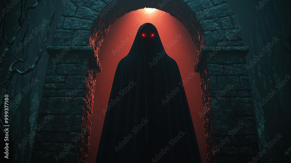Mysterious figure in a dark cloak with glowing red eyes. Mysterious figure in a dark cloak with glowing red eyes.