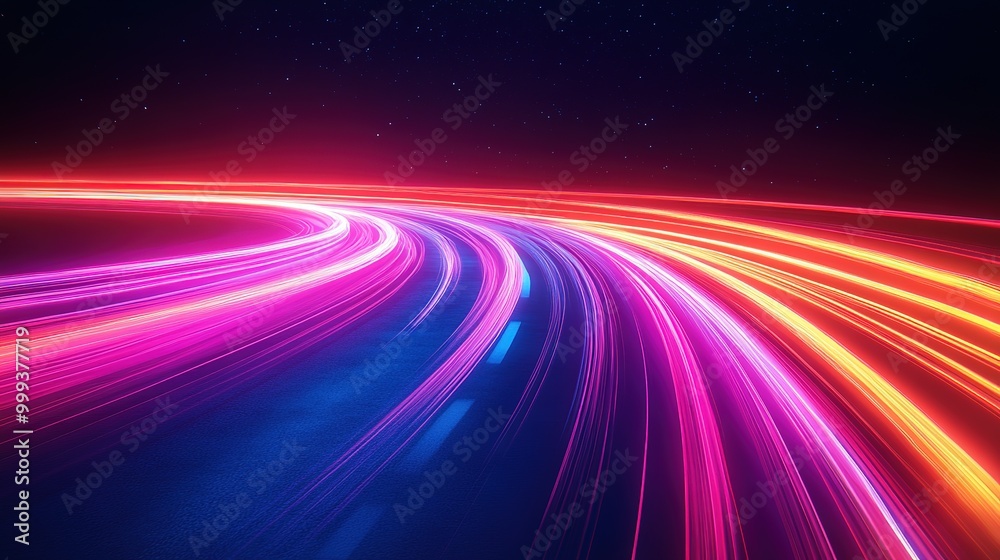Speed of glow smooth light lines. Neon road effect on black background. Abstract trace of luminous stripes from the movement of a car. Beam of laser futuristic rays