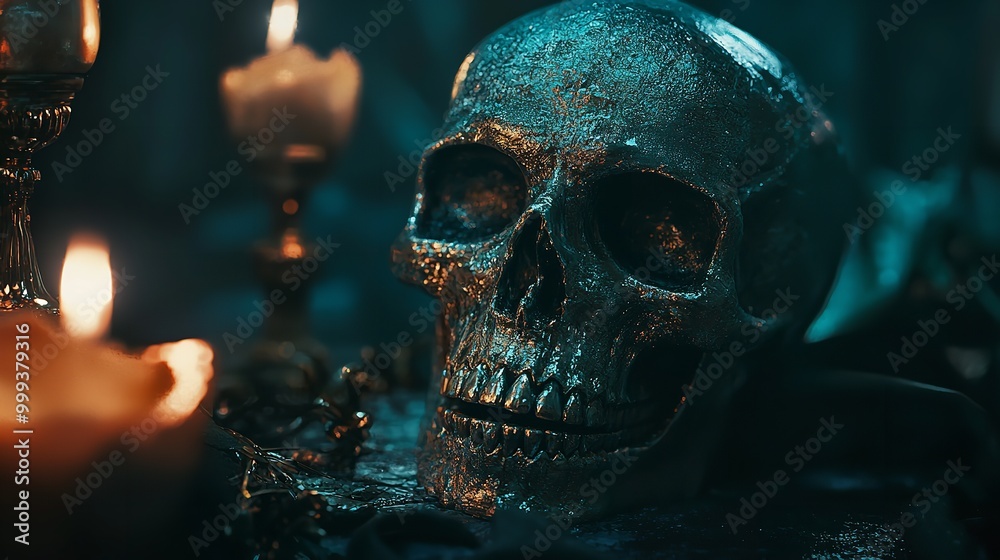 A close-up of a skull with a candle burning on top A close-up of a skull with a candle burning on top