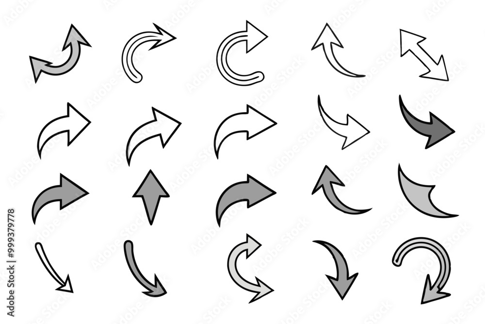Arrow icons set. Vector black directional pointers. Flat hand-drawn line doodle style. Arrow icons set. Vector black directional pointers. Flat hand-drawn line doodle style.