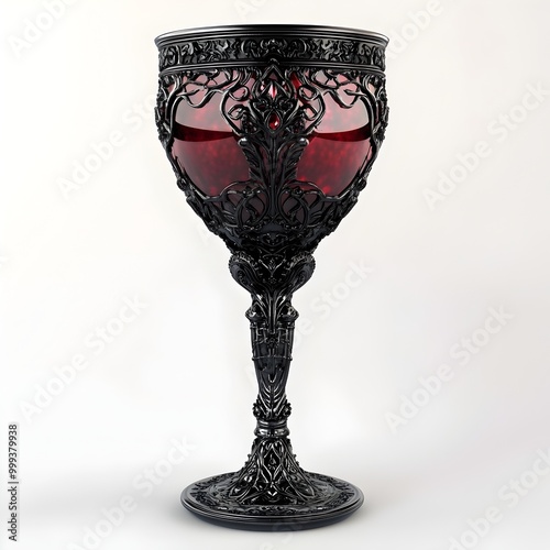 Vintage Vampire s Goblet with Intricate Engraved Design and Glowing Crimson Liquid on White Background photo