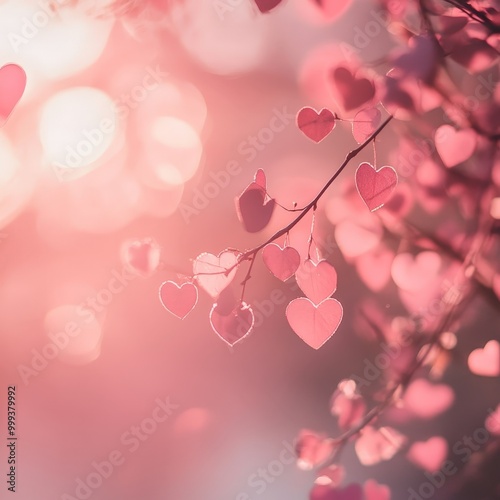 A pink background with a tree branch with hearts on it