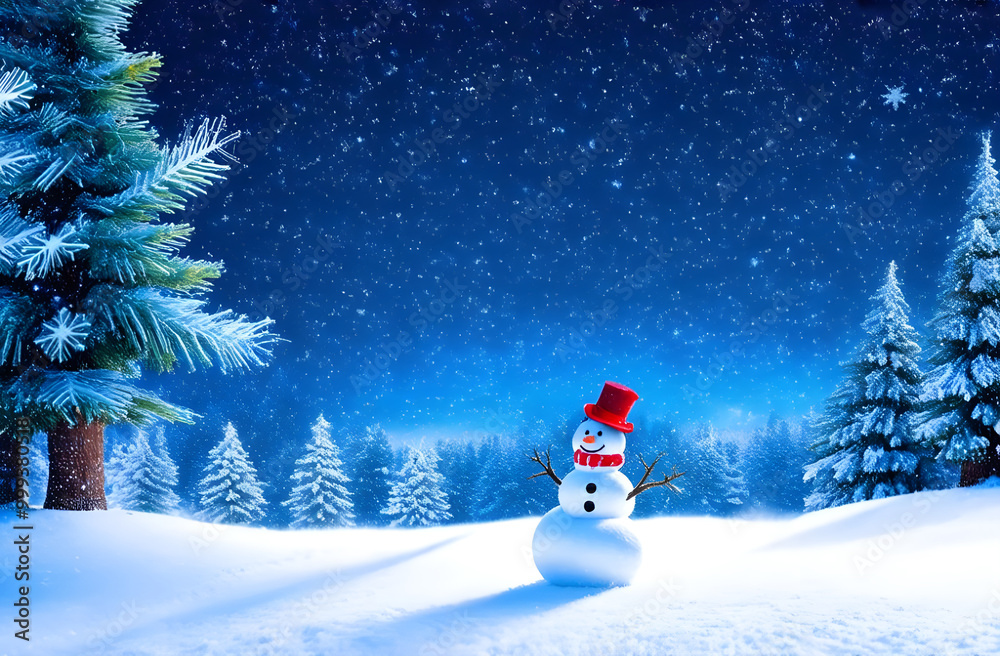 Obraz premium Christmas greeting card. Snowman standing in winter forest with Christmas tree.