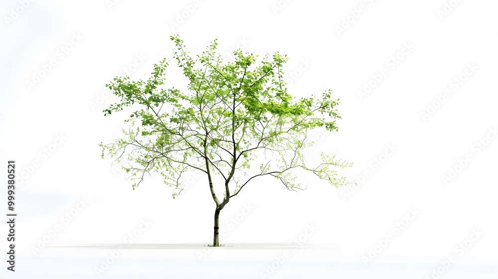 A young tree with delicate branches and vibrant green leaves, growing steadily on a pure white background, symbolizing natural growth and simplicity, the contrast highlighting every detail of the tree A young tree with delicate branches and vibrant green leaves, growing steadily on a pure white background, symbolizing natural growth and simplicity, the contrast highlighting every detail of the tree
