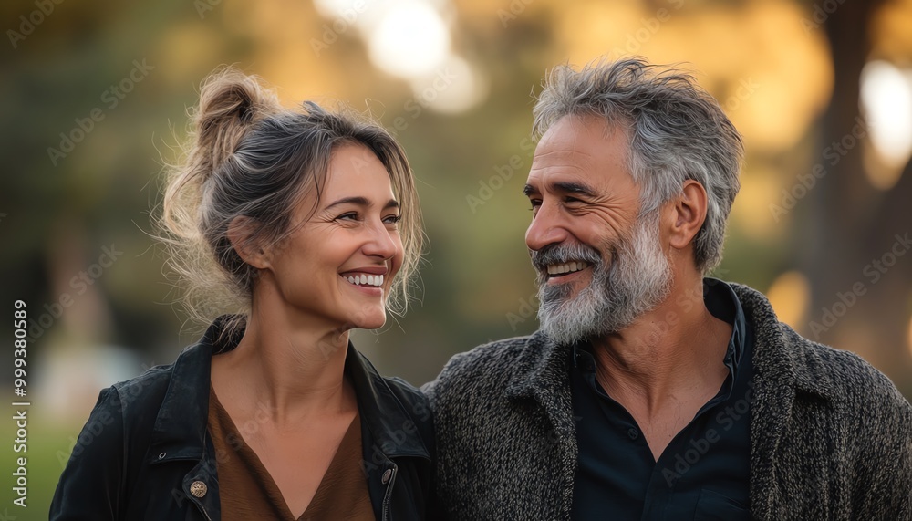 Happy middleaged couple in a park, man and woman enjoying a walk, smiling and talking, bonding in nature, active and relaxed in an outdoor setting Happy middleaged couple in a park, man and woman enjoying a walk, smiling and talking, bonding in nature, active and relaxed in an outdoor setting