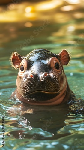 Adorable Baby Pygmy Hippo Swimming in Water - Close Up Portrait.