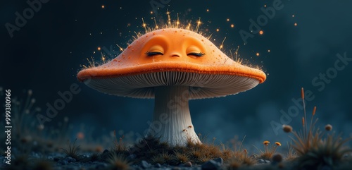 A whimsical, animated mushroom with a serene expression, radiating an enchanting glow, perfect for fantasy-themed projects and imaginative storytelling.