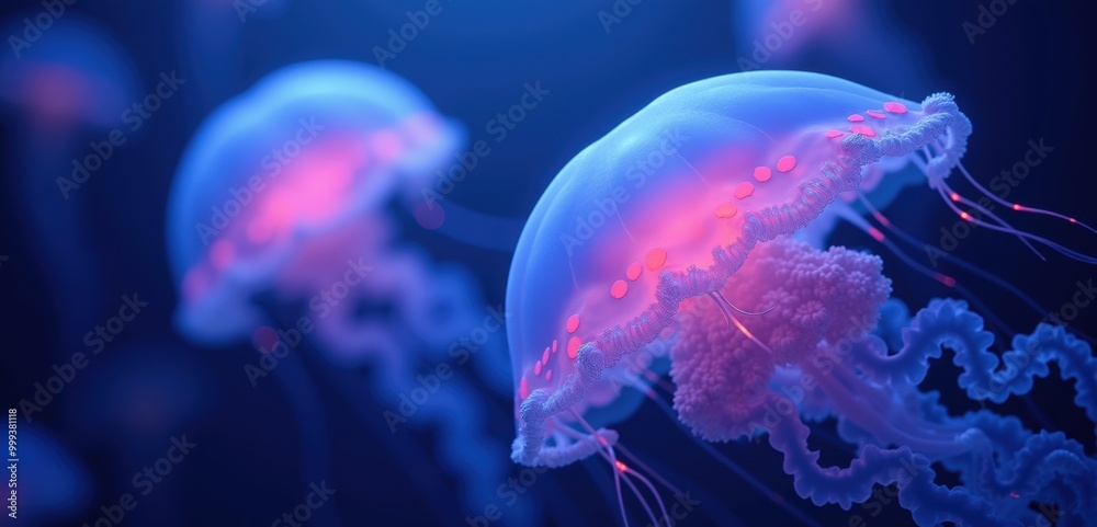 Ethereal jellyfish gliding through tranquil waters, showcasing vibrant colors and delicate movements. Ideal for nature, science, or wellness-related projects. Ethereal jellyfish gliding through tranquil waters, showcasing vibrant colors and delicate movements. Ideal for nature, science, or wellness-related projects.